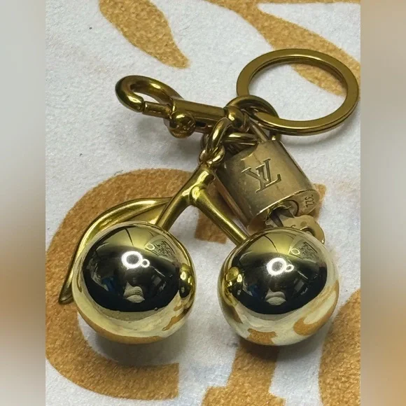 Louis Vuitton Authentic Padlock & Key with Gold Cherry Charm Keychain #322 - Picture 3 of 16